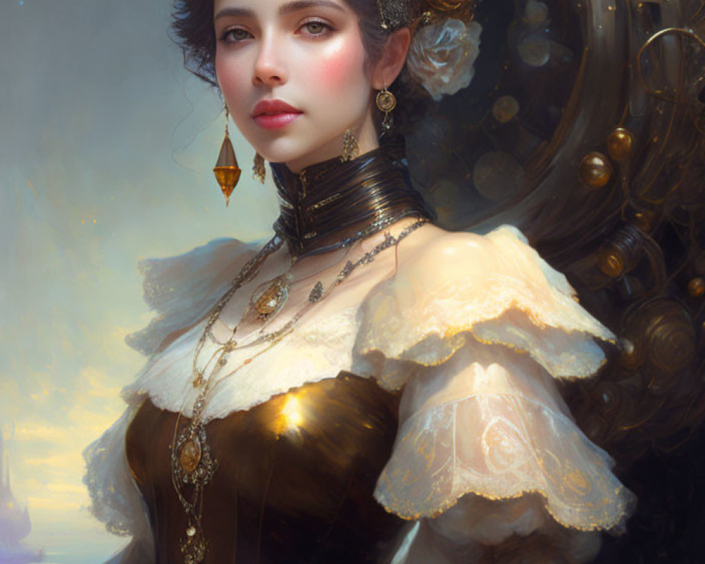 Steampunk-themed woman portrait with mechanical accessories and Victorian attire.