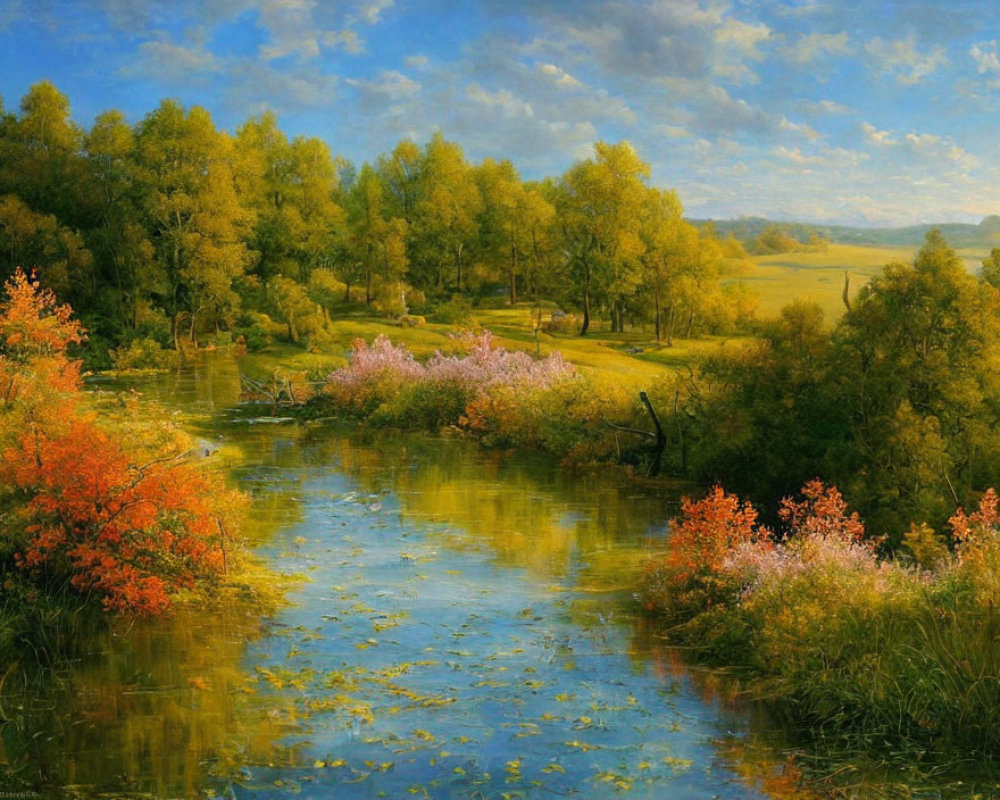 Serene autumn river landscape with lush trees and water lilies