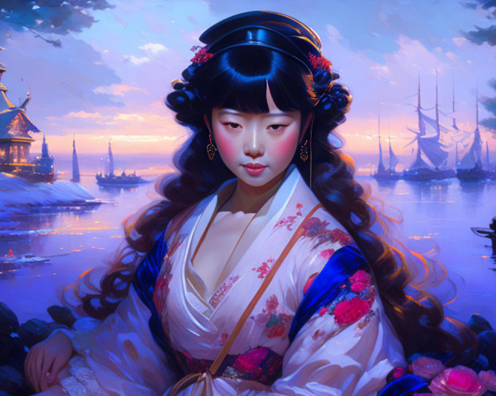 Traditional East Asian attire woman in serene waterside setting with ships and temple at sunset.