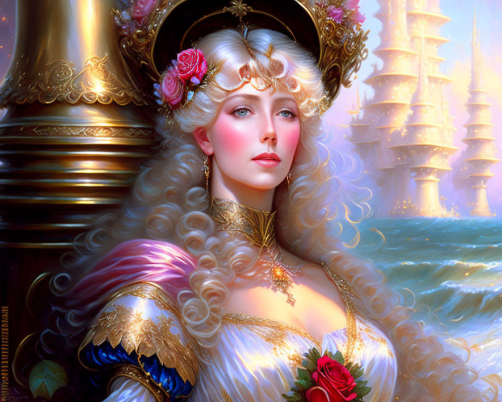 Regal woman with golden hair in white and gold gown among white towers