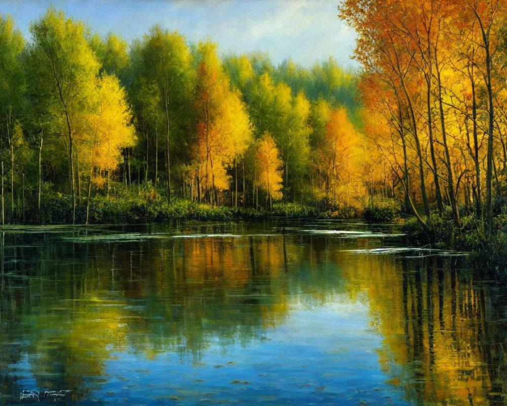 Serene lake reflects vibrant autumn forest