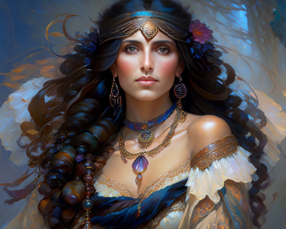 Portrait of woman with dark hair in golden headpiece, hoop earrings, blue and gold necklace, surrounded