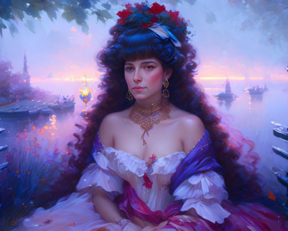 Victorian woman in blue dress on bridge at twilight with glowing lanterns