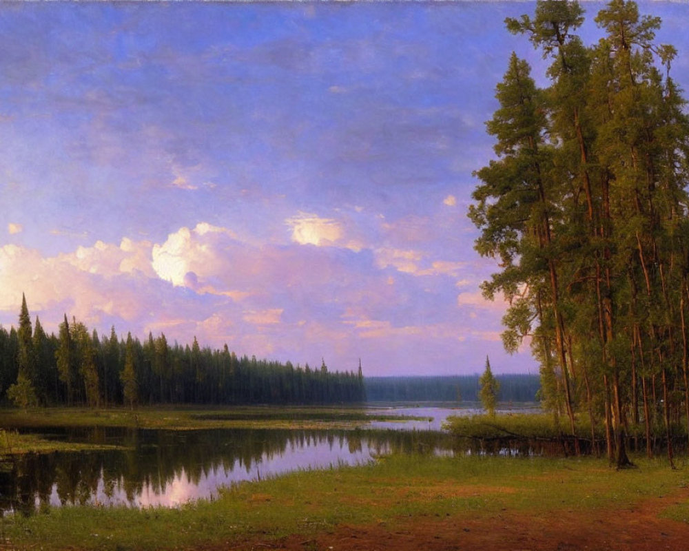 Serene Forest Lake at Dusk or Dawn Reflecting Pastel Sky