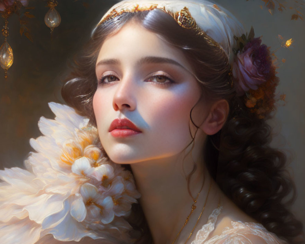 Woman portrait with floral hair adornments and lace dress exudes dreamy aura