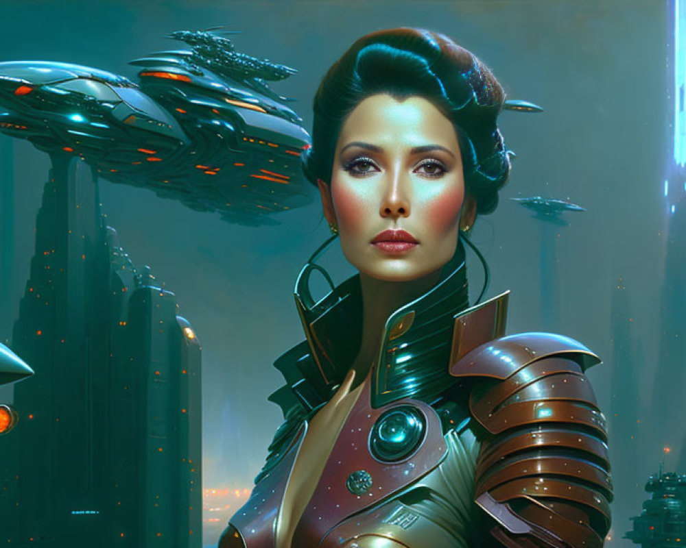 Futuristic portrait of woman in armor with spaceships and neon cityscape