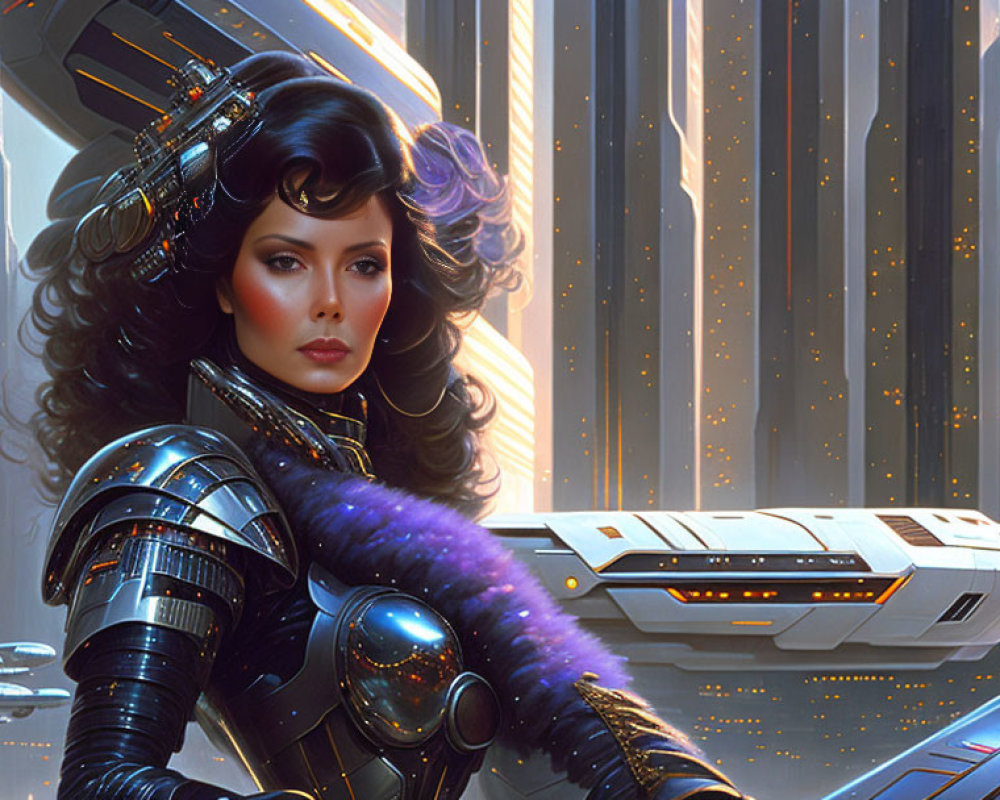 Futuristic woman in elaborate armor with futuristic city backdrop