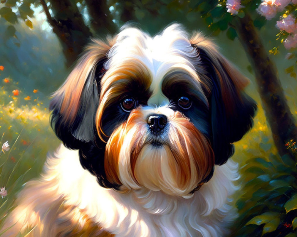 Realistic painting of fluffy Shih Tzu dog in sunny floral backdrop