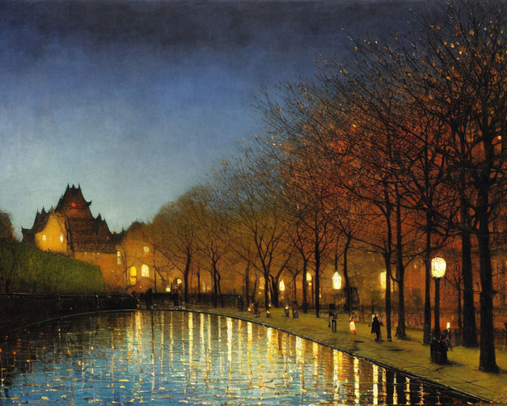Tranquil evening canal scene with glowing lamps, bare trees, reflections, and strolling figures.