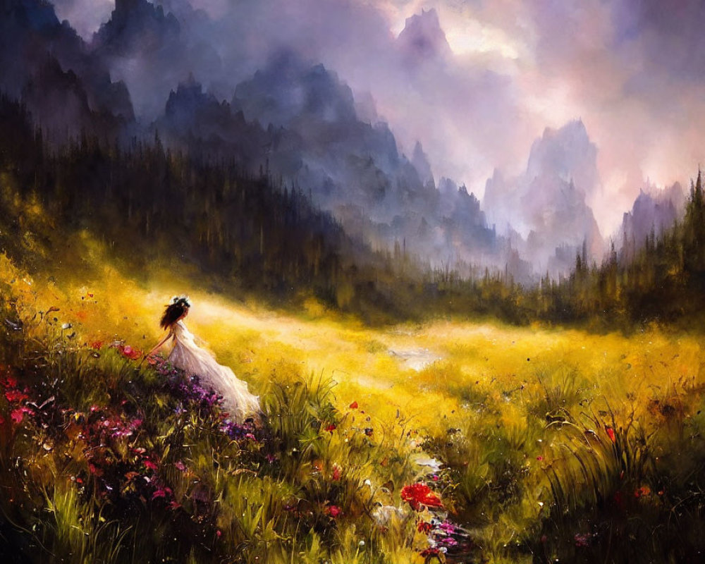 Woman in White Dress Standing in Vibrant Meadow with Misty Mountains