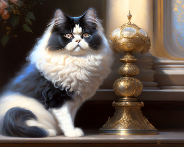 Black and White Cat with Golden Ornate Object in Elegant Interior