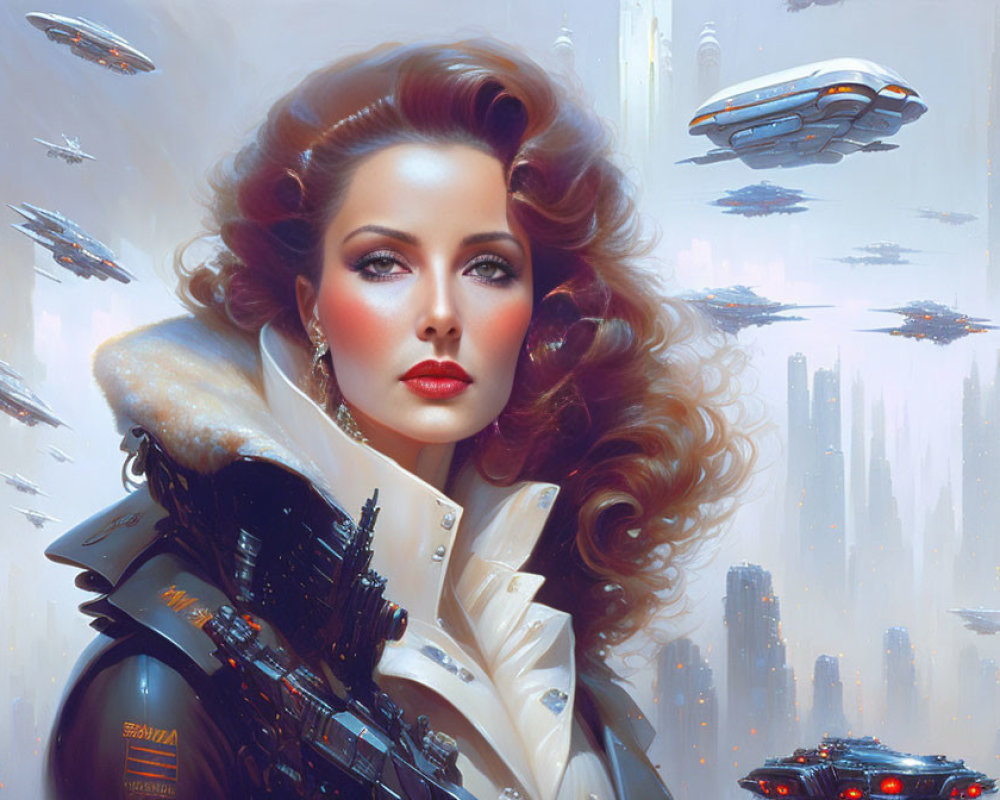 Sci-fi portrait of woman with voluminous hair in futuristic setting