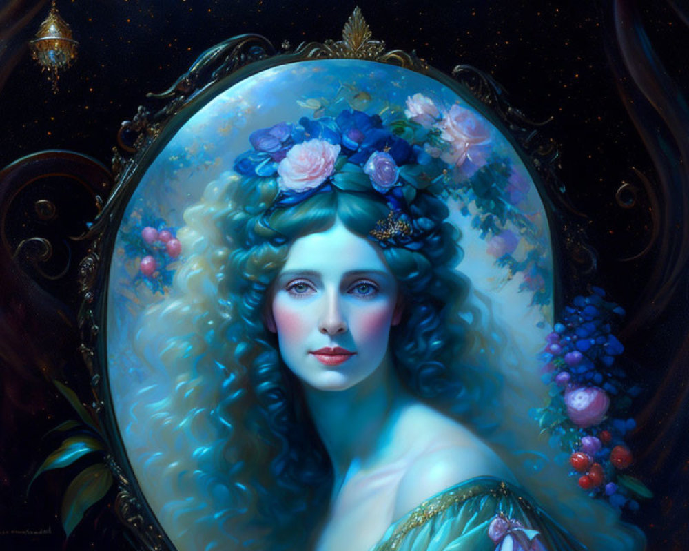 Blonde Woman Portrait with Curly Hair and Flowers in Oval Frame