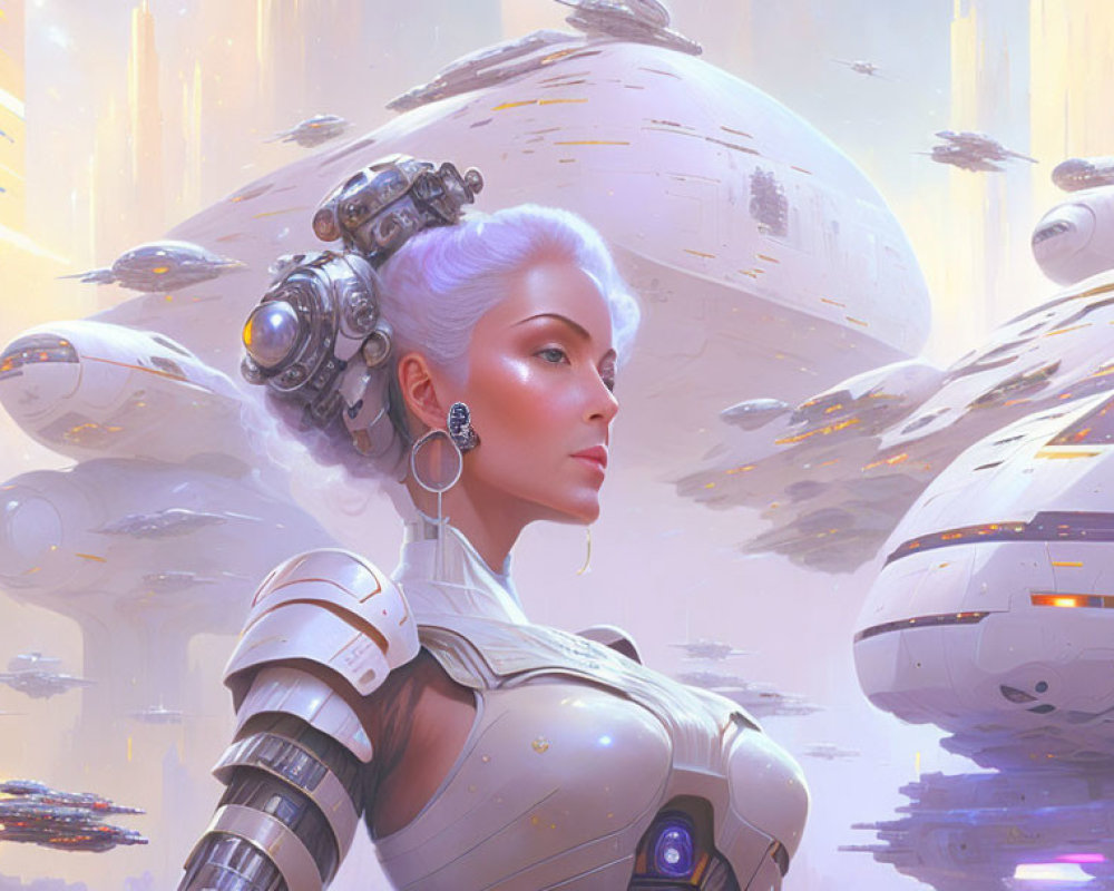 Futuristic woman with cybernetic enhancements in sleek armor against floating sci-fi cities
