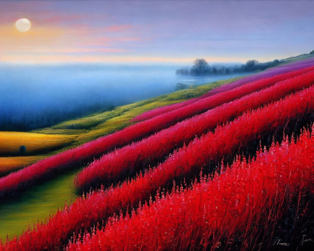 Scenic landscape painting: rolling hills, red flowers, misty horizon, warm sunrise.
