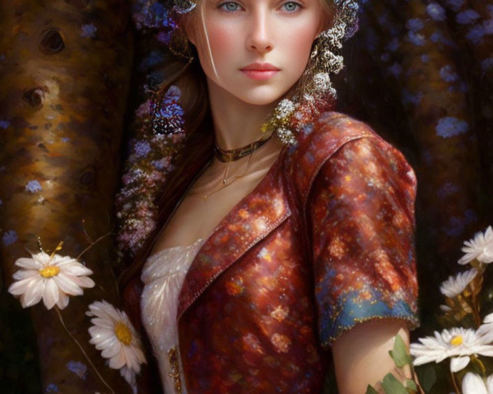 Woman in vintage dress with floral wreath surrounded by blossoms