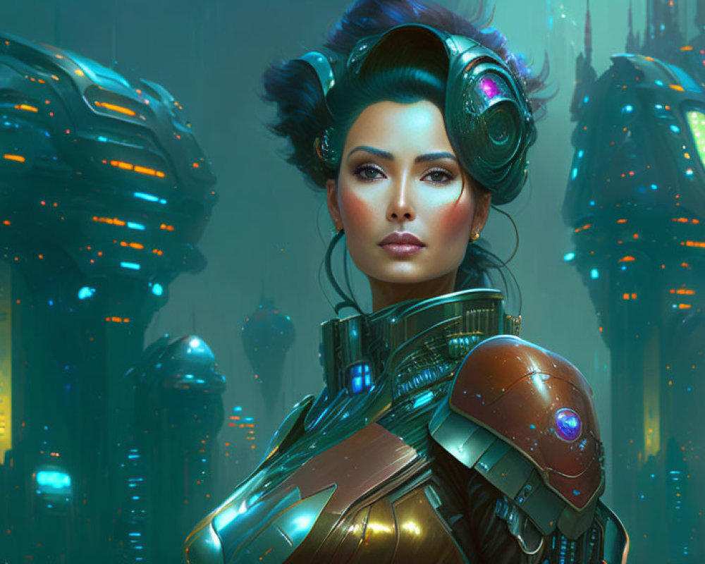 Female cyborg with futuristic headphones in neon-lit cityscape