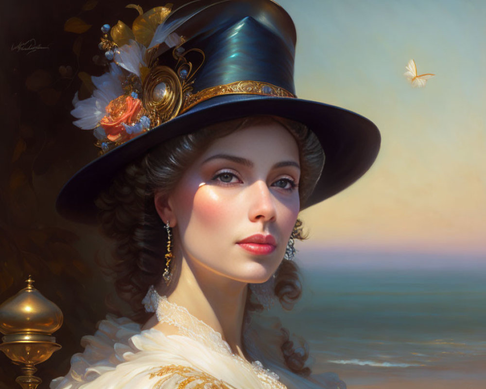 Curly-Haired Woman in Decorated Top Hat with Butterfly in Oceanic Setting