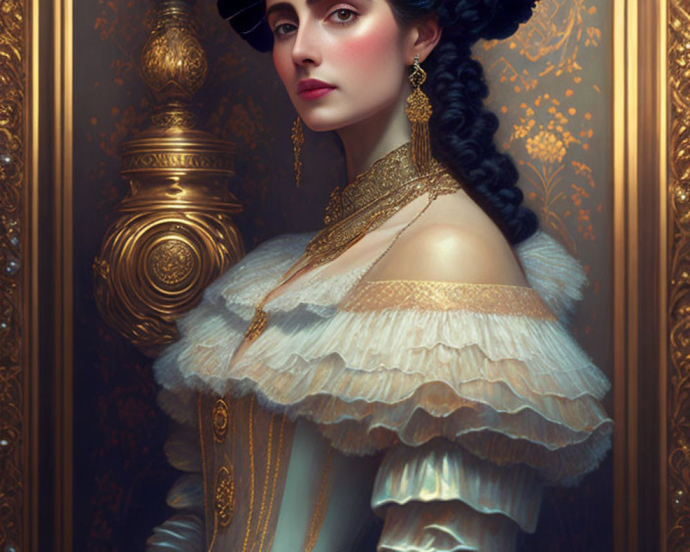 Victorian-style dress with gold accents and intricate jewelry on elegant woman