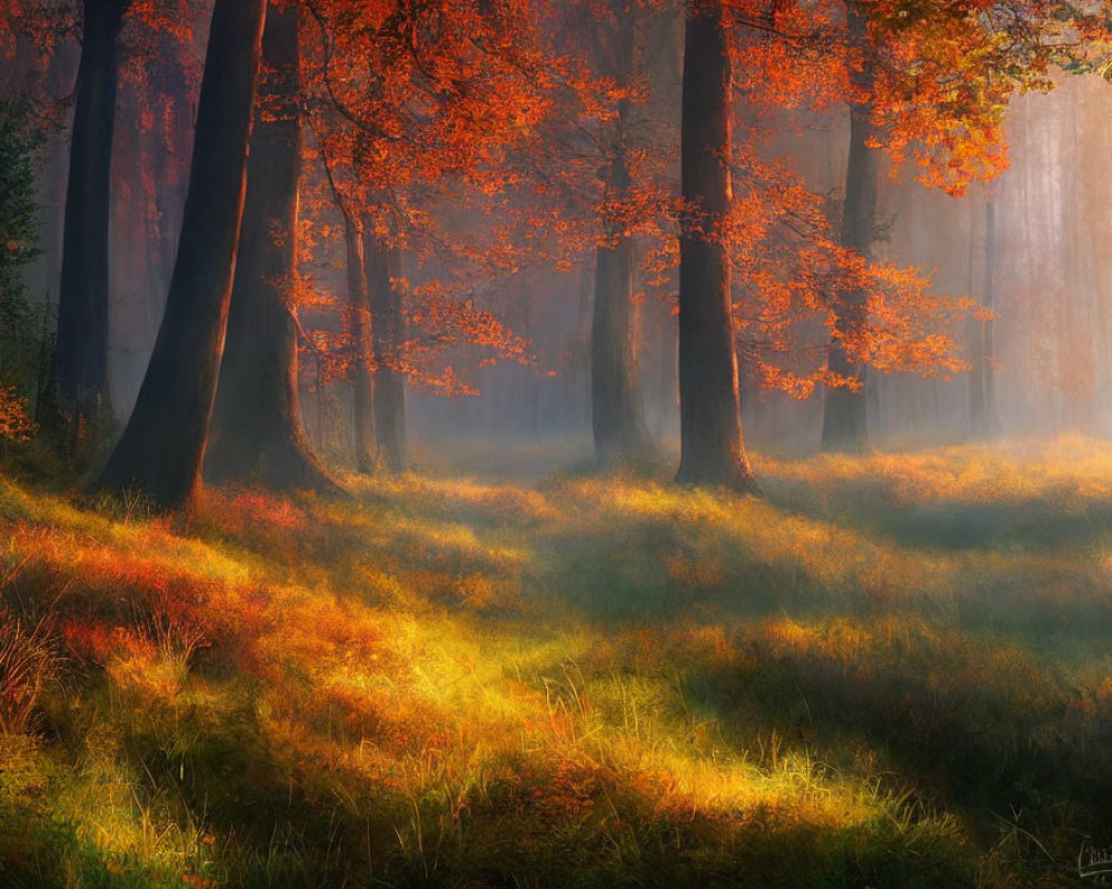 Tranquil autumn forest with misty atmosphere and vibrant foliage