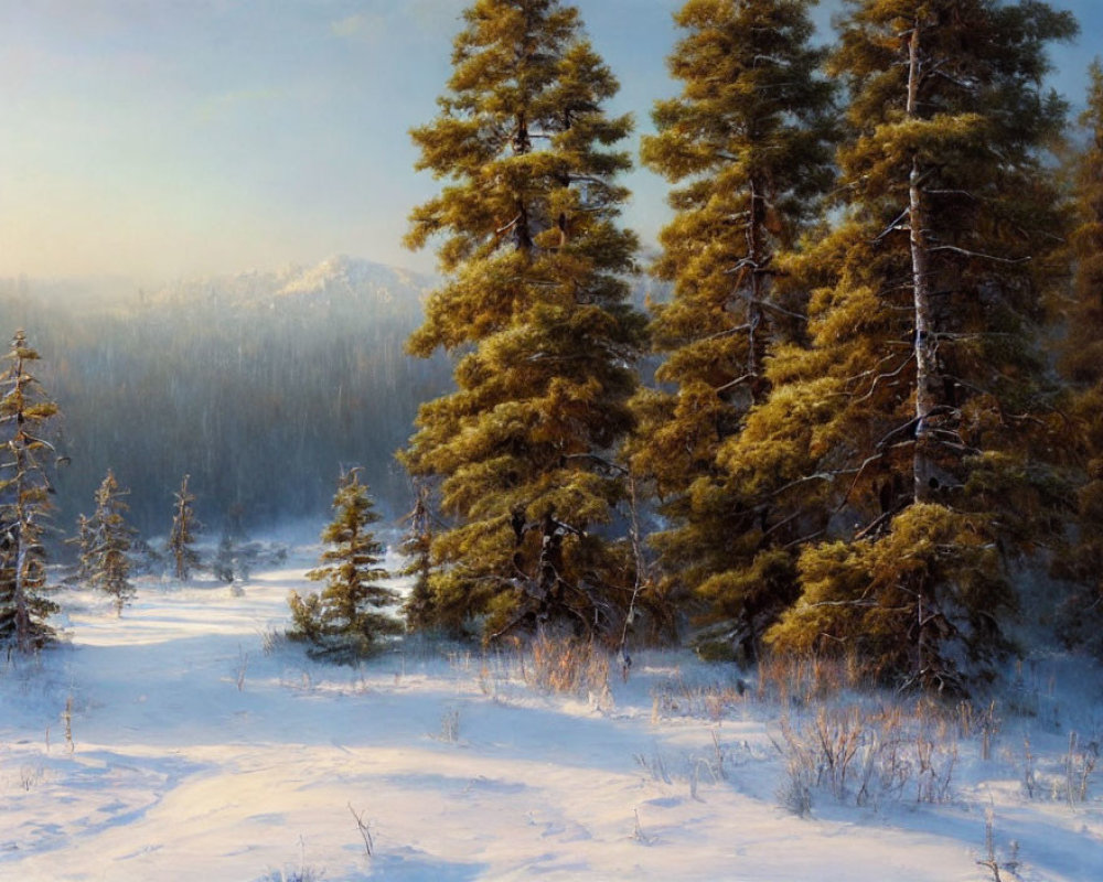Snow-covered winter scene with evergreen trees under golden light