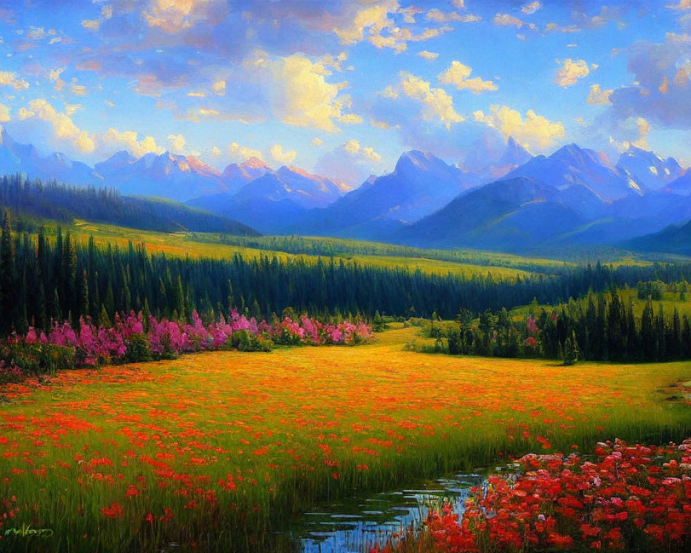 Colorful landscape painting of lush meadow, wildflowers, stream, and mountains under cloudy sky