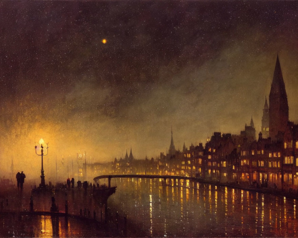 Lamplit riverside promenade at dusk with silhouettes, historic buildings, and moonlit