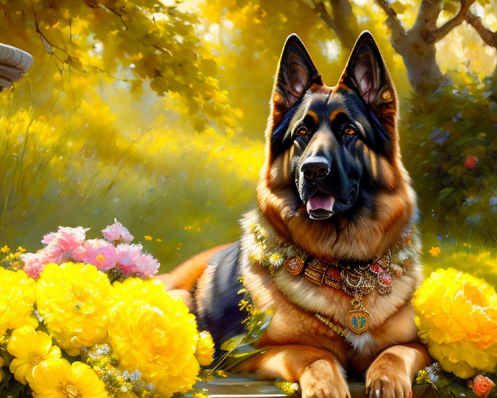 German Shepherd Dog with Decorative Collar Among Vibrant Flowers