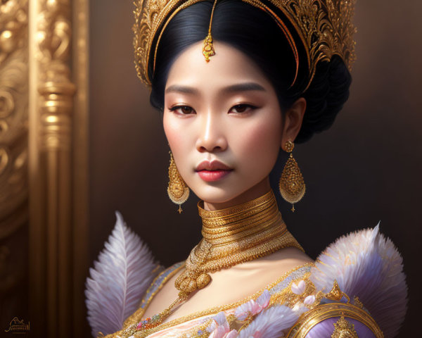Traditional Thai Attire: Elegant Woman in Elaborate Headdress