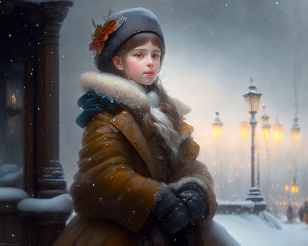 Young girl in vintage winter clothing with butterfly in snowfall