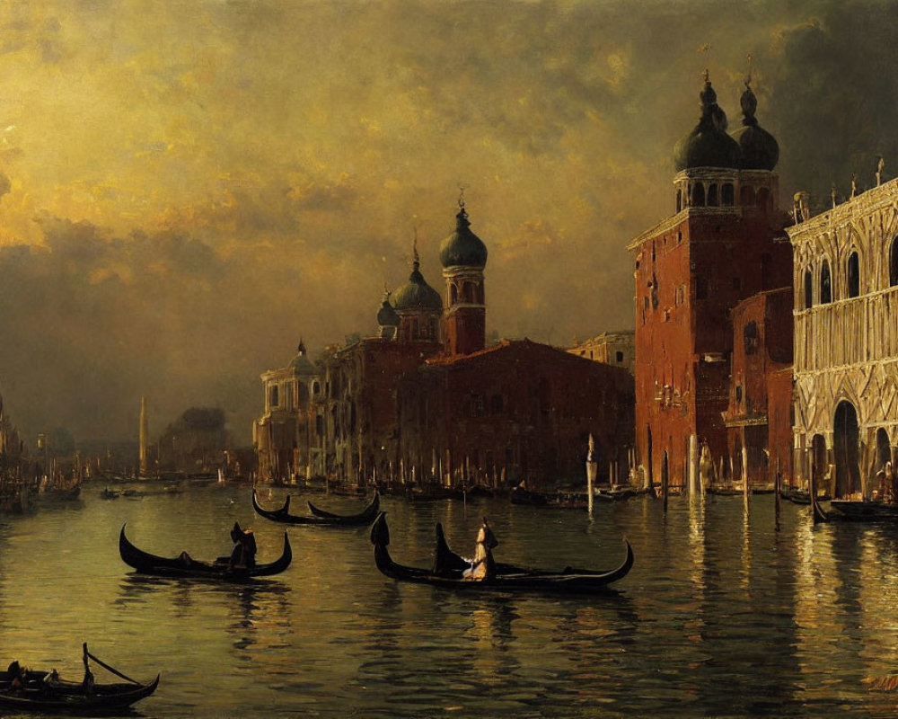 Classic painting: Gondolas on calm waterway with ornate buildings and domed structures under mo