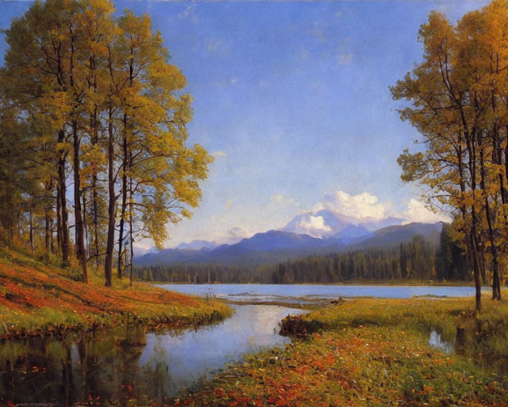 Tranquil river scene with autumn trees and mountains