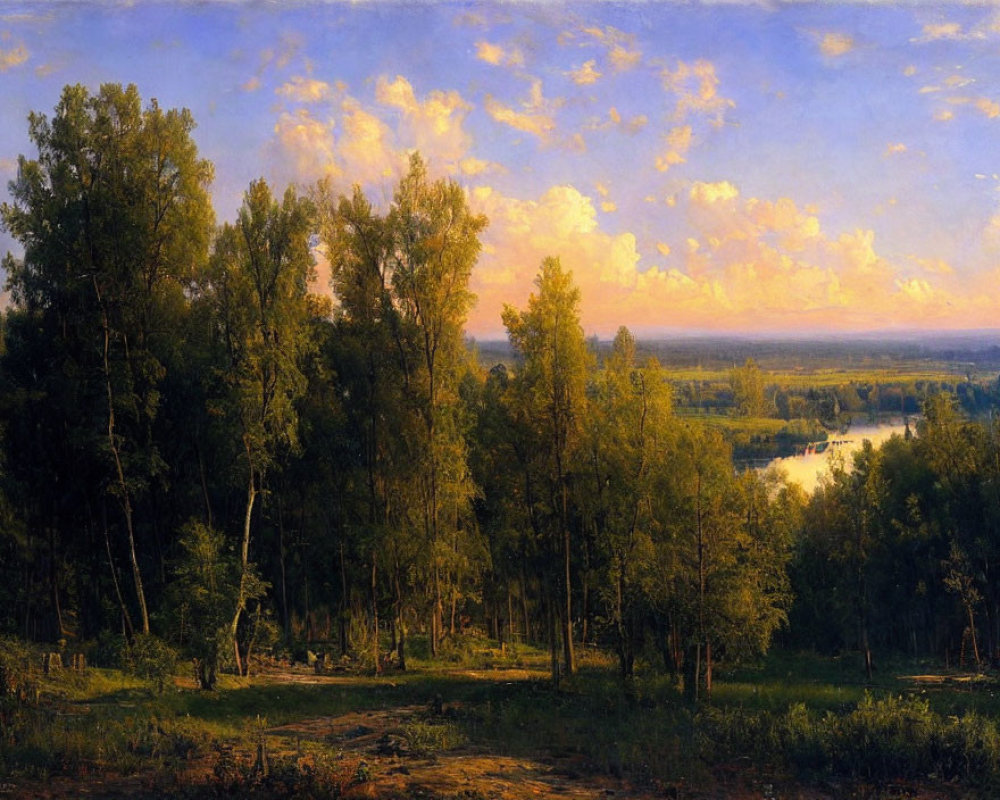 Tranquil landscape with green trees, river, and sunset sky