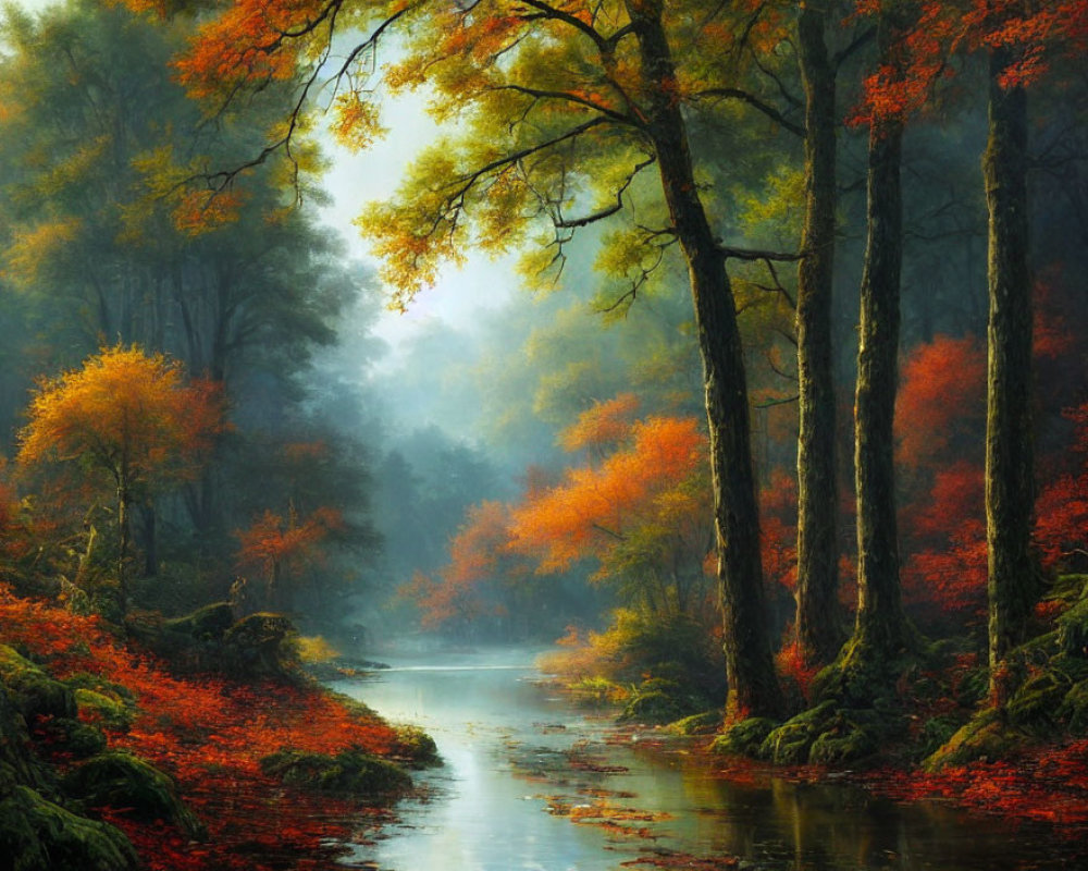 Tranquil Autumn Forest Scene with Misty Atmosphere and River