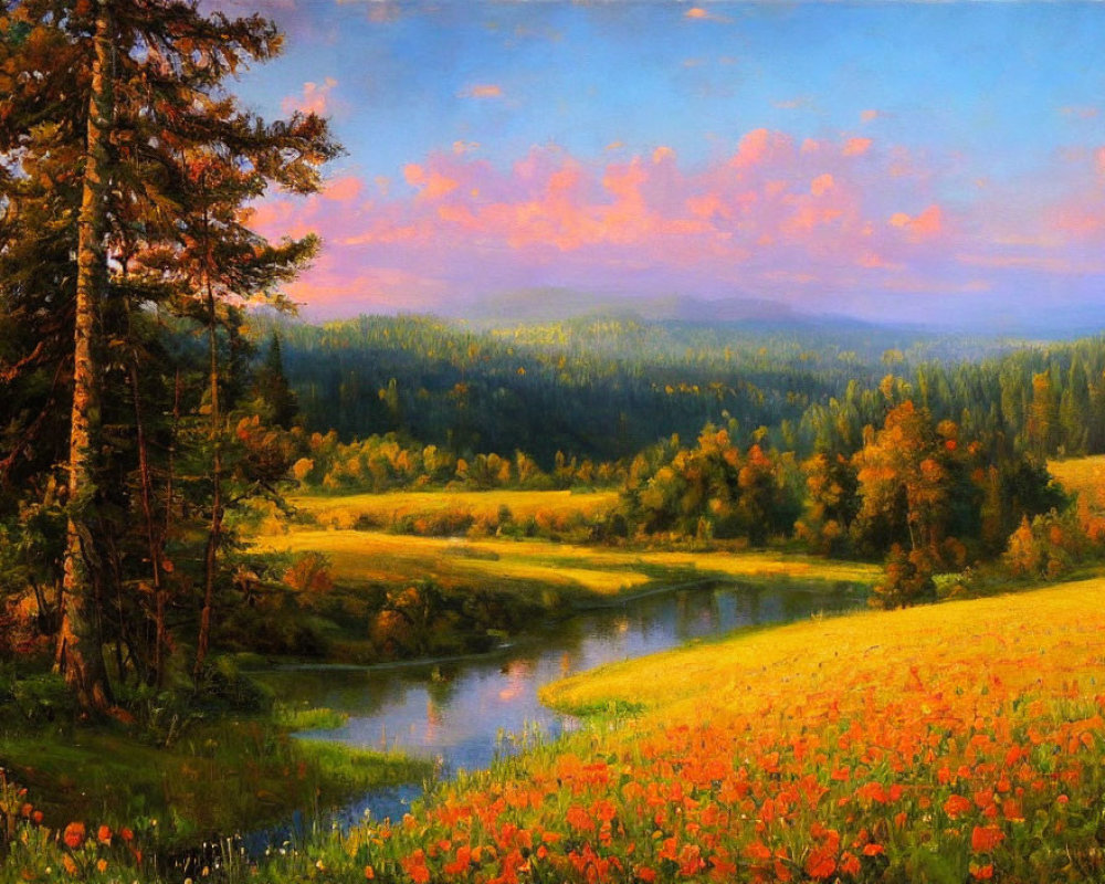 Serene river landscape with orange wildflowers at twilight