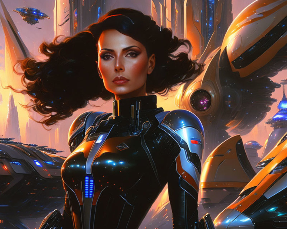 Futuristic woman in black armor suit with cityscape and flying vehicles