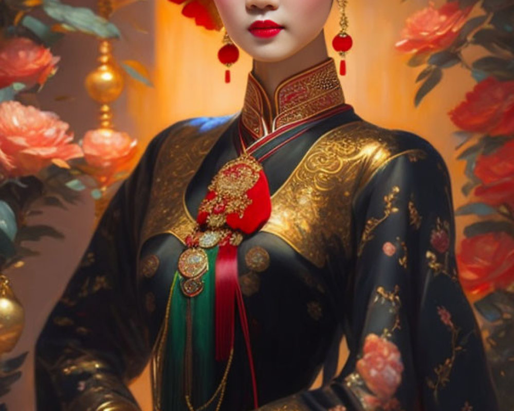 Traditional Asian Attire Woman Illustration with Floral Backdrop