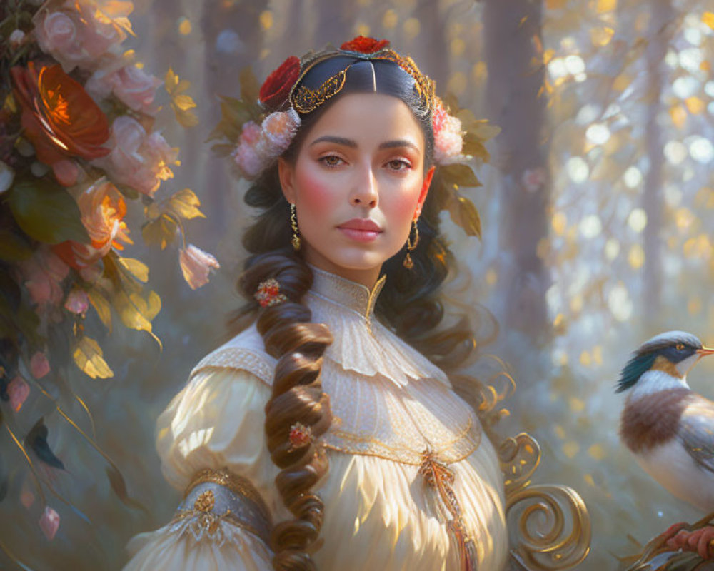 Regal woman in elegant gown with braid, surrounded by light, flowers, and bird in forest