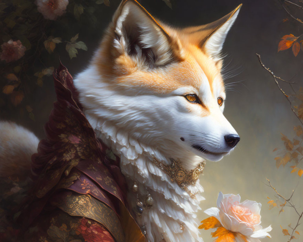 Fox in ornate armor with ruffled collar among soft flora