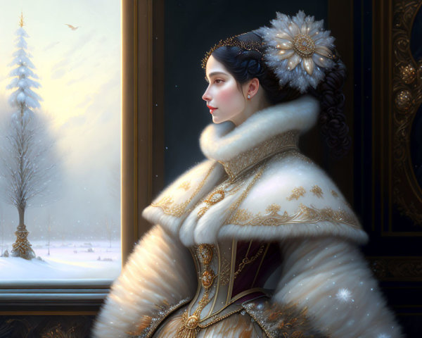 Regal woman in white fur coat with gold embroidery gazing at snowy landscape