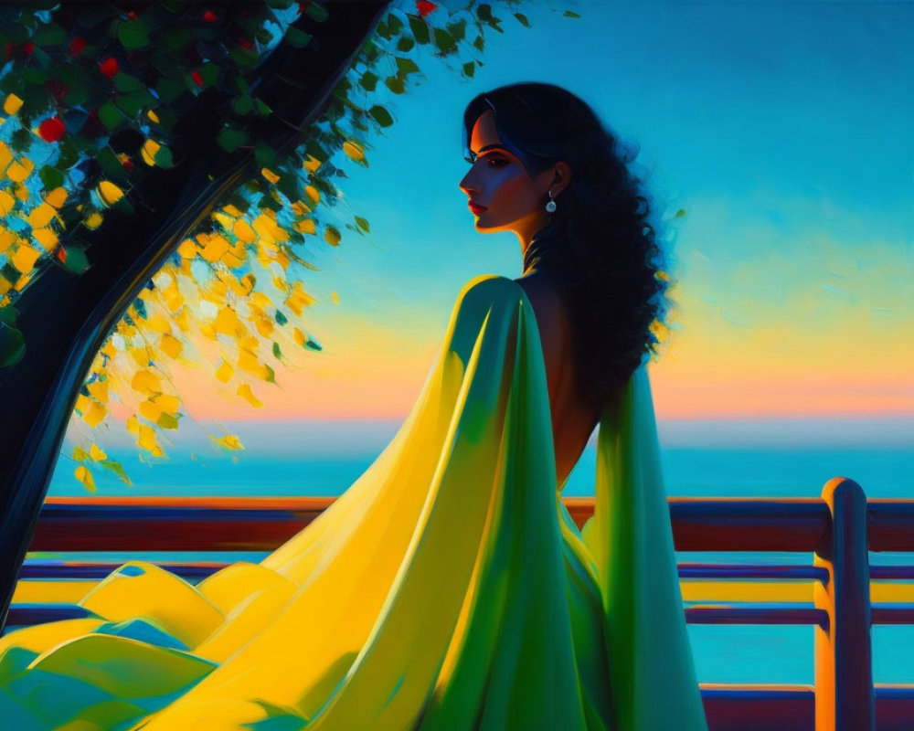 Woman in yellow dress on bench by sea at sunset with tree
