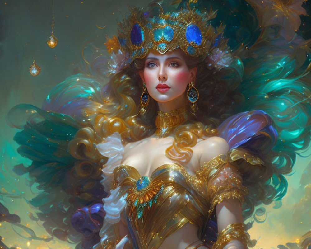 Ethereal woman in gold and peacock regalia exudes elegance