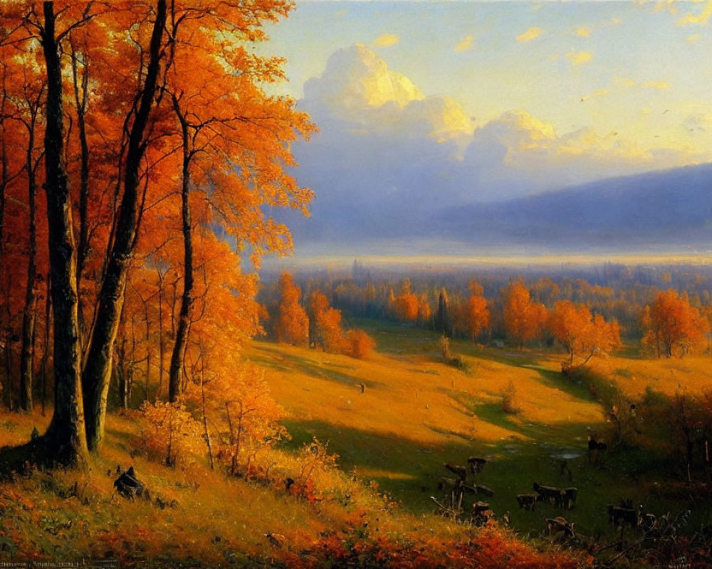 Vibrant autumn landscape with orange and yellow trees, cows in meadow, dramatic cloudy sky
