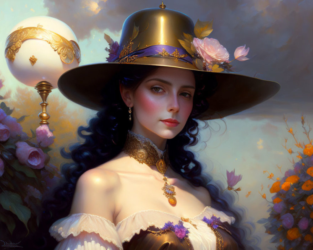 Vintage fashion: Elegant woman in wide-brimmed hat with floral adornments.