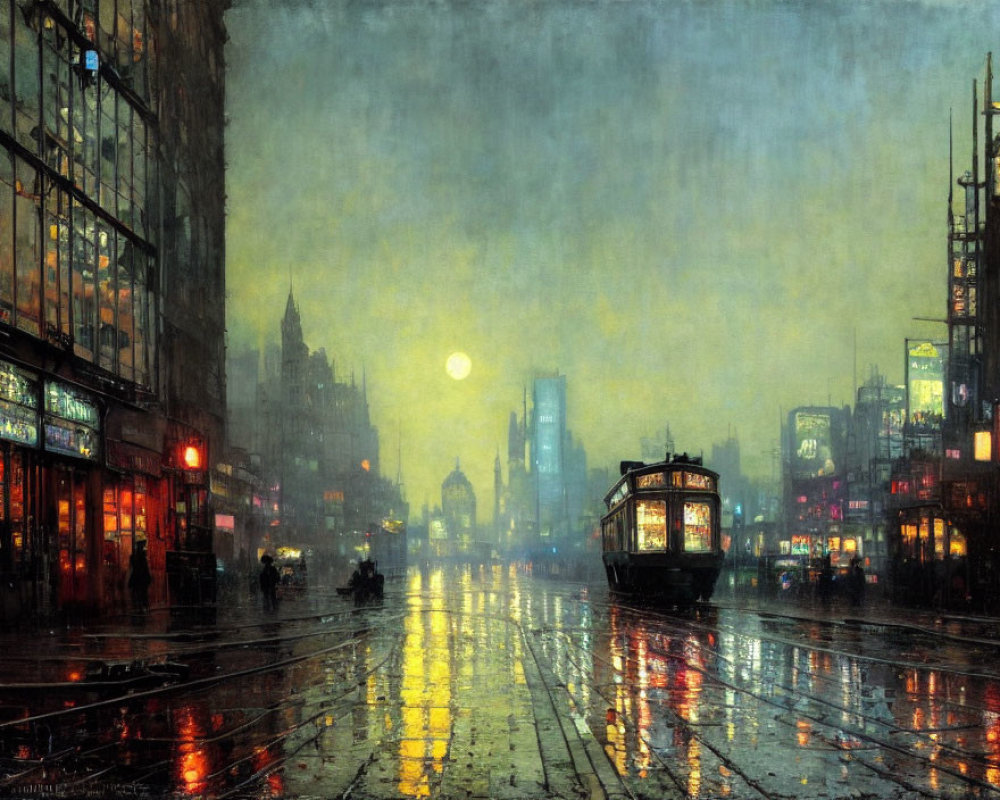 Cityscape at Dusk: Vintage Tram, Wet Streets, Old Buildings