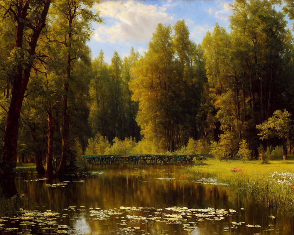 Tranquil forest pond with water lilies, footbridge, and dappled sunlight