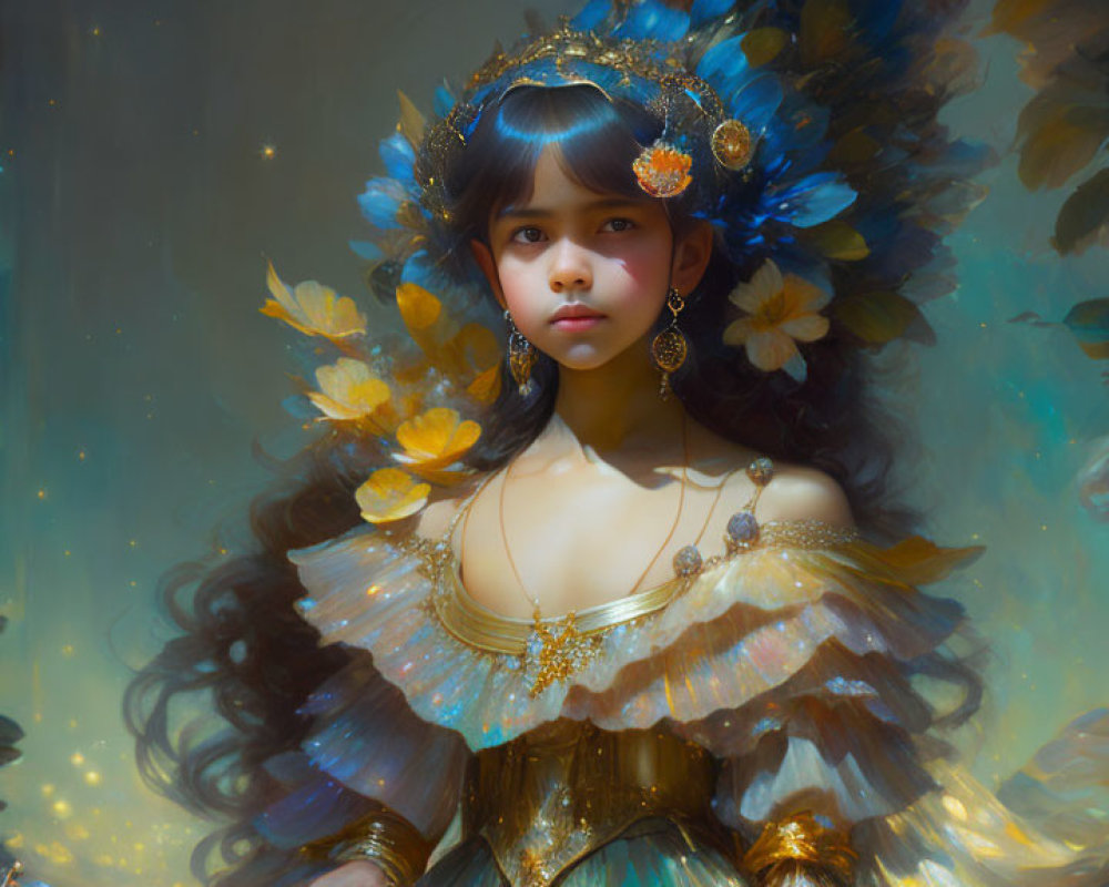 Dark-haired girl in golden outfit with flowers and jewelry on soft background