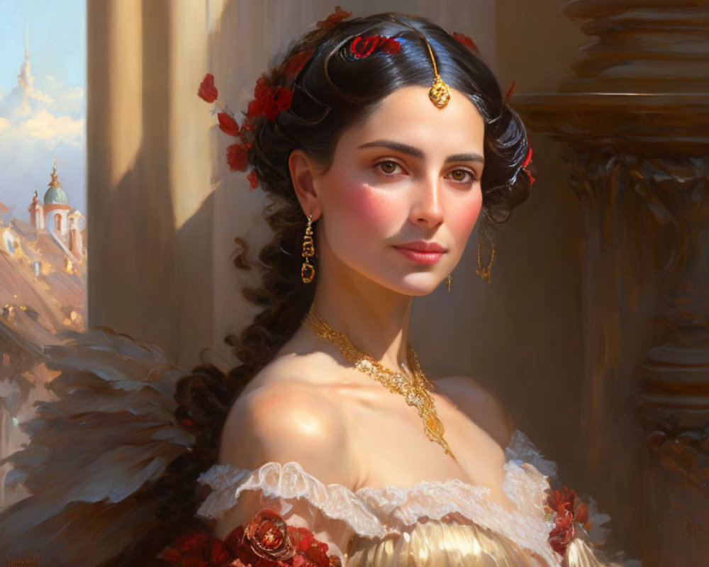 Woman with Dark Hair, Red Flowers, Gold Chain, White & Red Dress, Gold Jewelry