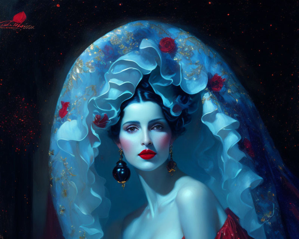 Portrait of woman with pale skin, red lips, white hair with red roses, against starry backdrop