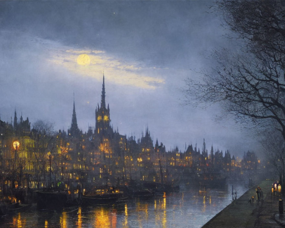 Moonlit Gothic cityscape with river, illuminated windows, streetlights, walking figure, and moored